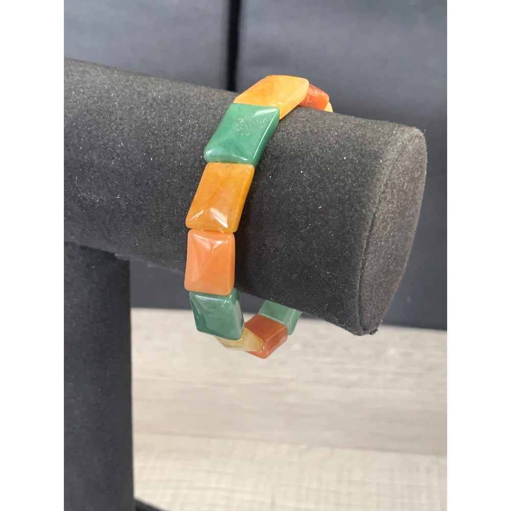 Multicolor Jadeite Jade Stretch Bracelet Green Orange Yellow Rectangular Beads